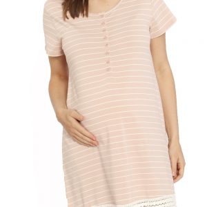 Ruby Joy/ Angel Maternity Button Front Nursing Sleep Dress – Pink Stripe